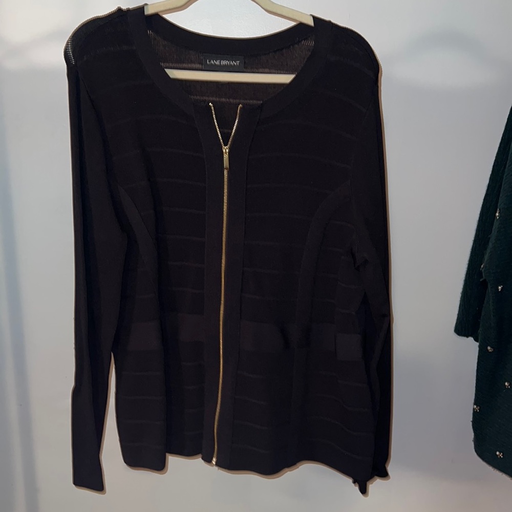 Lane Bryant Black Zip-Front Cardigan with Gold Trim
